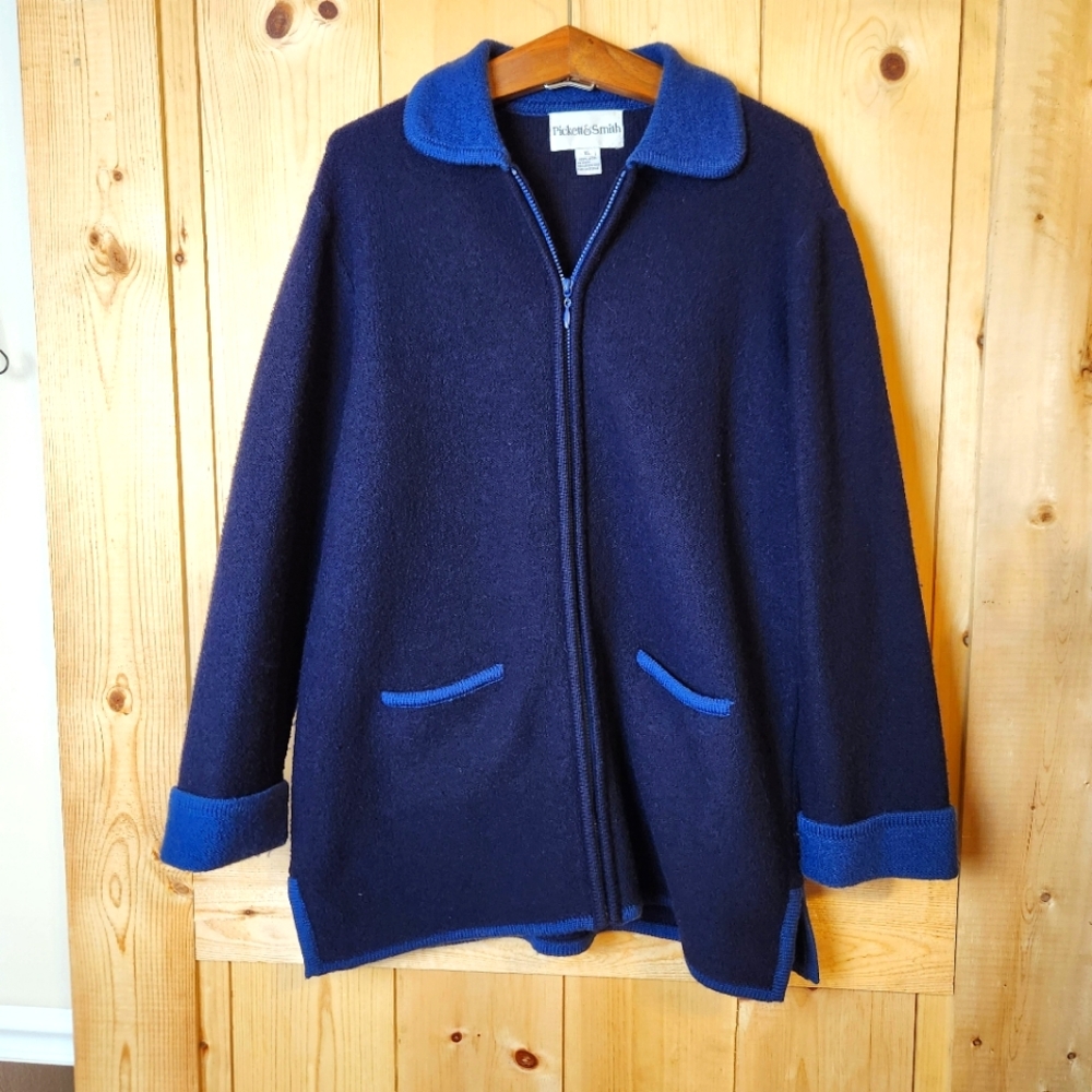 Pickett & Smith Black and Blue 100% Wool Zipper Pocketed Sweater Jacket
